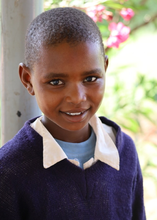 A young boy wearing a blue shirt and white collar.