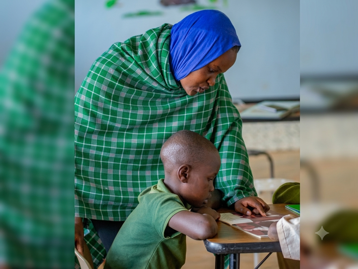 Woman sitting at a table with a child in front of her